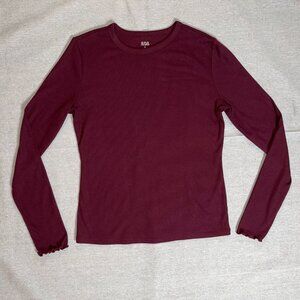 a.n.a | Burgundy Lettuce Edge Long Sleeve Ribbed Top | Small